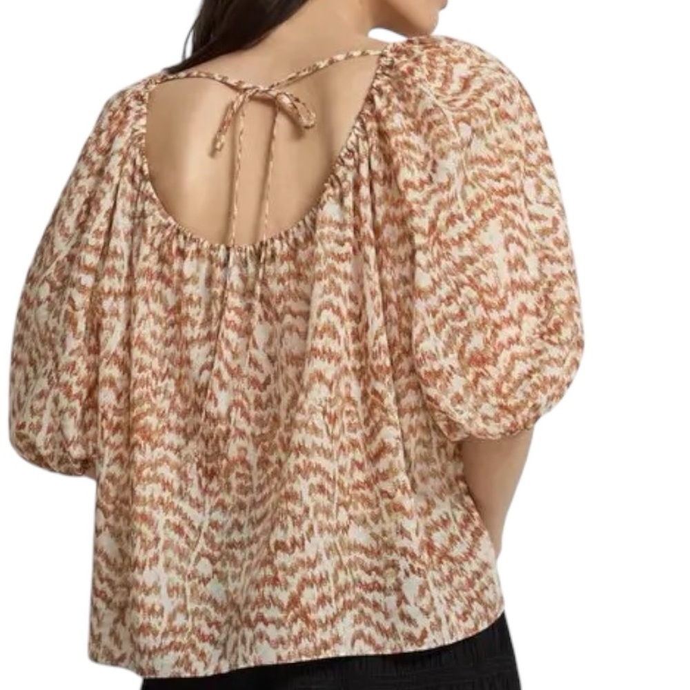 NEW Theory Multicolor Scoop Neck Tie Back Puff Sleeve Top Women’s Size S